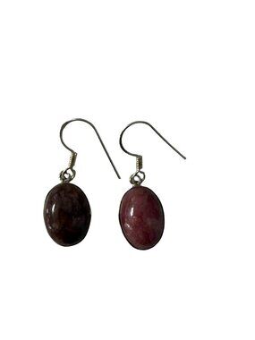 Vintage Pink Stone Cabochon Drop Earrings Oval Dangle Earrings Silver Tone
